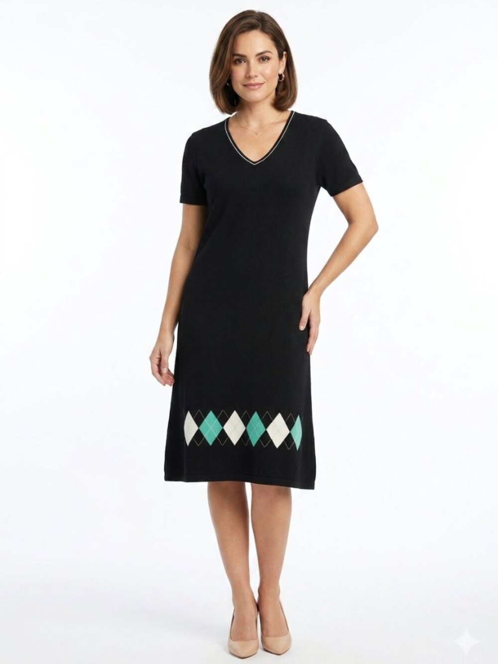 Rohnisch BLACK KNIT DIAMOND PRINT SHORT SLEEVE MIDI DRESS - M
